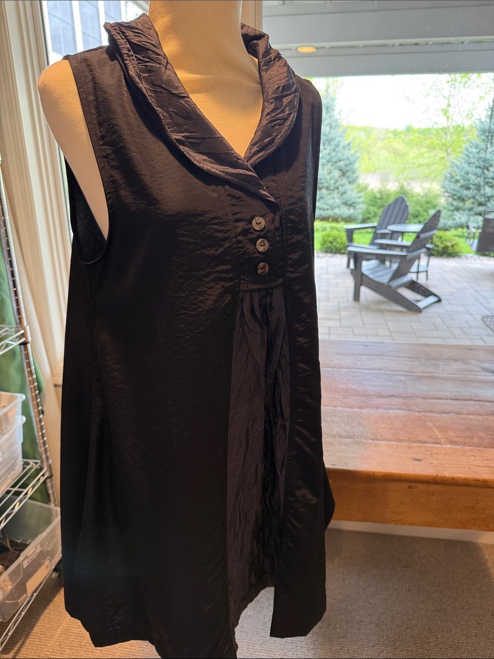 Sleeveless Navy Mini Dress with Draped wired Collar and Button Detail